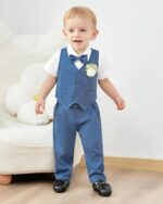 Baby Boys Formal Suit 0-18 Monate, Infant Gentleman Wedding Outfit Newborn Bodysuit + Pants + Waistcoat + Bow Tie + Corsage Christening Clothes 5Pcs Set - Image 2