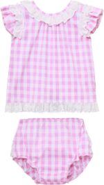 Baby Girl Summer Clothes Lace Trim Tops Bloomers Set 2Pcs Toddler Plaid Outfit