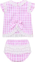 Baby Girl Summer Clothes Lace Trim Tops Bloomers Set 2Pcs Toddler Plaid Outfit - Image 2