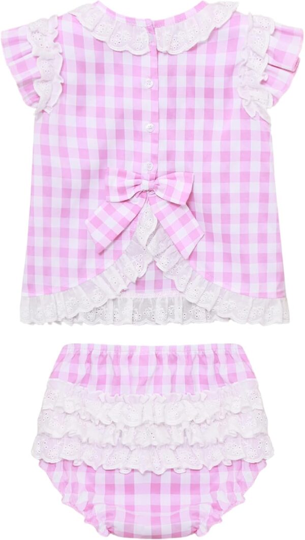 Baby Girl Summer Clothes Lace Trim Tops Bloomers Set 2Pcs Toddler Plaid Outfit - Image 2