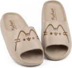 Pusheen Girls Sliders | Brown Moulded Ridge Bottom Sandals For Kids | Cartoon Tabby Cat Cute Beachwear & Summer Pool Shoes | Slip-on Footwear Merchandise Gift for Children