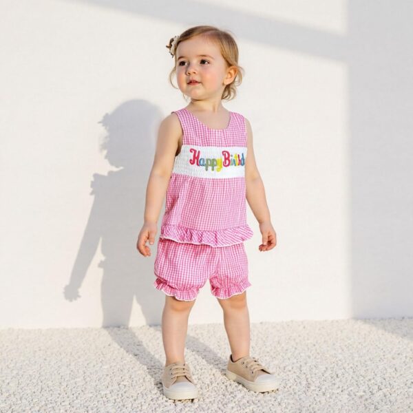 Toddler Baby Girl Birthday Outfit Short Sleeve Letter Embroidery Shirts Ruffled Hem Tank Tops Vest and Plaid Bloomer Shorts 2Pcs Set Happy Birthday Clothes for Little Girls - Image 2
