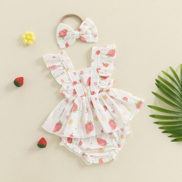 Baby Girl Summer Outfit Strawberry/Cherry/Lemon Smocked Tunic Tops Ruffle Bloomer Shorts Headband Cute 3Pcs Newborn Coming Home Summer Clothes 0-18M - Image 3