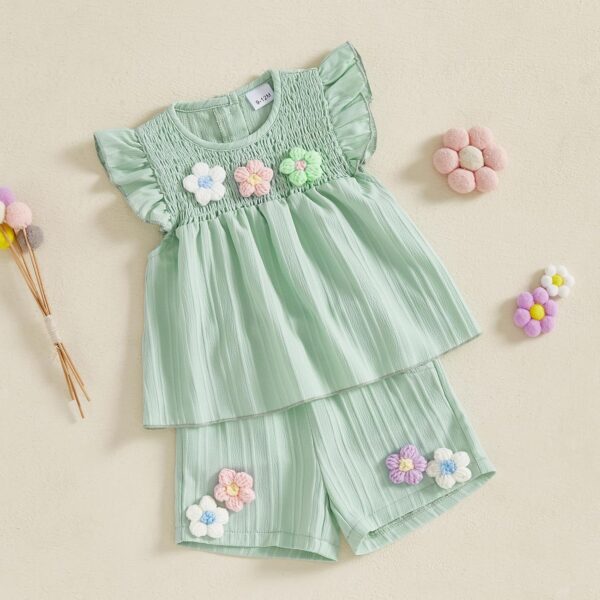 Toddler Kids Baby Girl Summer Clothes 3D Flower Ruffle Sleeveless Vest Tops Elastic Waist Shorts Set 2Pcs Outfits - Image 2