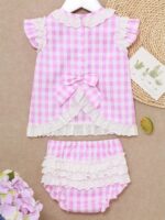 Freebily Baby Girl Summer Clothes Lace Trim Tops Bloomers Set 2Pcs Toddler Plaid Outfit - Image 3