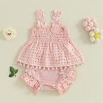 Toddler Baby Girls Summer 2pcs Outfit Sleeveless Pleated Cutout Floral Tank Tops Stretch Ruffle Bloomers Shorts Sets - Image 2