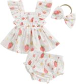Baby Girl Summer Outfit Strawberry/Cherry/Lemon Smocked Tunic Tops Ruffle Bloomer Shorts Headband Cute 3Pcs Newborn Coming Home Summer Clothes 0-18M