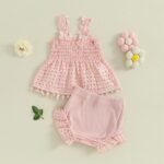 LYSINK Toddler Baby Girls Summer 2pcs Outfit Sleeveless Pleated Cutout Floral Tank Tops Stretch Ruffle Bloomers Shorts Sets - Image 3