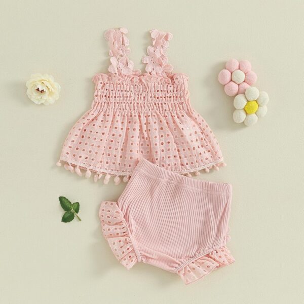 LYSINK Toddler Baby Girls Summer 2pcs Outfit Sleeveless Pleated Cutout Floral Tank Tops Stretch Ruffle Bloomers Shorts Sets - Image 3