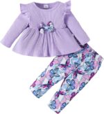 Similotey Toddler Baby Girl Clothes Ruffle Tops with Bow and Butterfly Print Pants 2Pcs Clothing Set