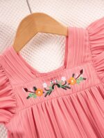 JiAmy Girl Dress Flowers Embroidery Flutter Sleeve Toddler Dresses Square Neck Ribbed Casual Clothes for 1-7 Year Old