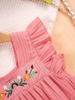 JiAmy Girl Dress Flowers Embroidery Flutter Sleeve Toddler Dresses Square Neck Ribbed Casual Clothes for 1-7 Year Old - Image 3