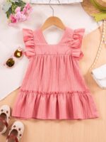 JiAmy Girl Dress Flowers Embroidery Flutter Sleeve Toddler Dresses Square Neck Ribbed Casual Clothes for 1-7 Year Old - Image 5