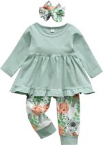 Toddler Baby Girl Clothes Solid Color Long Sleeve Ruffle Tops Flower Pants Bow Headband Outfits Set