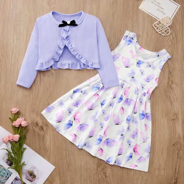 Naiyafly Baby Girl Dress With Cardigan Clothes Set Toddler Girls Long Sleeve Bow Button Cardigan + Sundress Suit Kids Knitted Cropped Sweaters Tops Dress 2 Piece Outfits 1-5 Years - Image 4