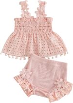 Toddler Baby Girls Summer 2pcs Outfit Sleeveless Pleated Cutout Floral Tank Tops Stretch Ruffle Bloomers Shorts Sets