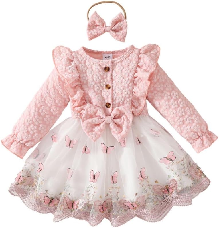 512LkL4vgL._AC_SL1001_.jpg Valcatch Toddler Baby Girl Summer Dress Ruffle Long Sleeve Round Neck Button Bow Butterfly Mesh Dress with Hairband for 1-3 Years - Image 1