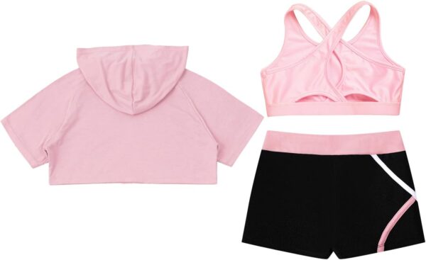 CHICTRY Kid Girls 3 Pieces Dance Outfit Gymnastics Hooded Crop Top Sleeveless Camisole and Shorts Set Tracksuit - Image 4
