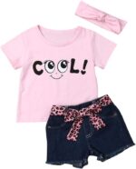 Baby Kid Girl Summer Letter Printed T Shirt Tops+ Jeans Shorts Bloomers +Headband 3 Pieces Set Outfit Clothes Set Cotton Elastic Loungewear Lounge Suit Sleepwear 1-5 Years - Image 3