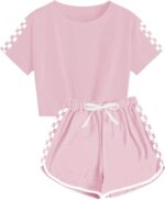Girls Summer Clothes Kids Outfit Short Sleeve Crop Top ＋ Plaid Shorts Set Kids Sports Tracksuit