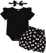 Newborn Baby Girl Set Ruffled Sleeve Romper Polka Dots Shorts Bloomers Bowknot Headband Boutique Clothes, Yxx017a-black, 0- 3 Months