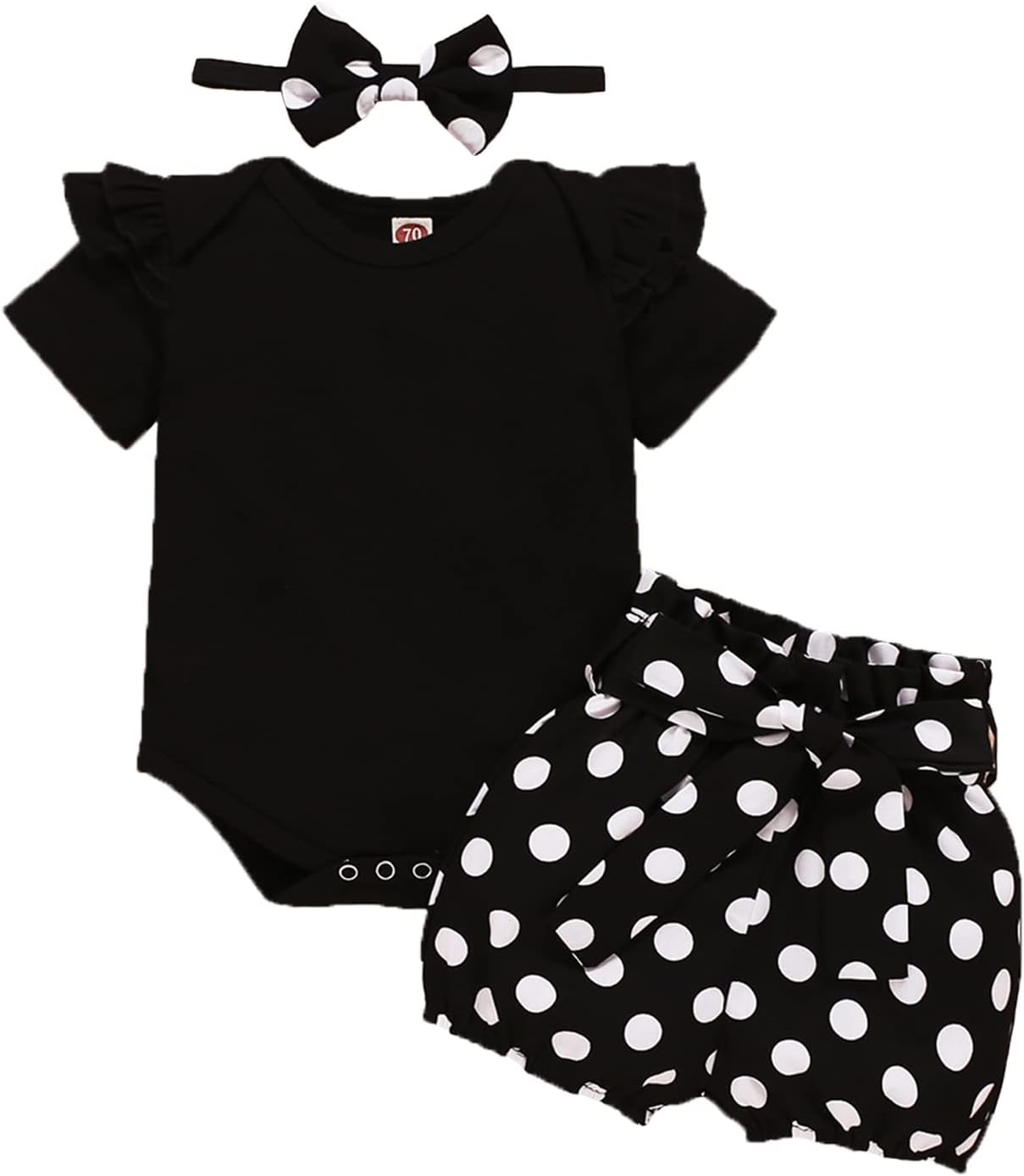 517s7LZxhQL._AC_SL1500_.jpg Newborn Baby Girl Set Ruffled Sleeve Romper Polka Dots Shorts Bloomers Bowknot Headband Boutique Clothes, Yxx017a-black, 0- 3 Months - Image 1