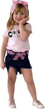 Baby Kid Girl Summer Letter Printed T Shirt Tops+ Jeans Shorts Bloomers +Headband 3 Pieces Set Outfit Clothes Set Cotton Elastic Loungewear Lounge Suit Sleepwear 1-5 Years