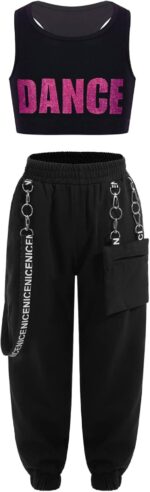 Freebily Kids Girls Hip Hop Dance Costume Crop Top with Jogger Pants Set 2Pcs Jazz Street Dance Outfits