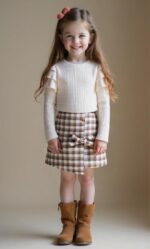 HPSOM Baby Kids Girl Clothes Set Ruffle Ribbed Long Sleeve Top Bow Tie Plaid Skirt 2PCS Spring Fall Toddler Outfits Set 2-7Y - Image 2