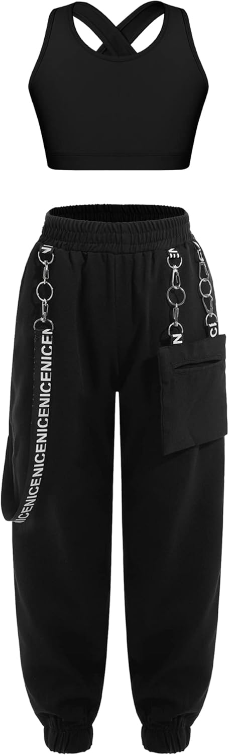 51LyeDCm7RL._AC_SL1500_.jpg Alvivi Kids Girls 2 Piece Dance Outfit Hip Hop Tracksuit Racerback Crop Tank Top and Cargo Pants Baggy Trousers Set - Image 1
