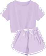 BOVOSHA Girls Summer Clothes Kids Outfit Short Sleeve Crop Top ＋ Plaid Shorts Set Kids Sports Tracksuit