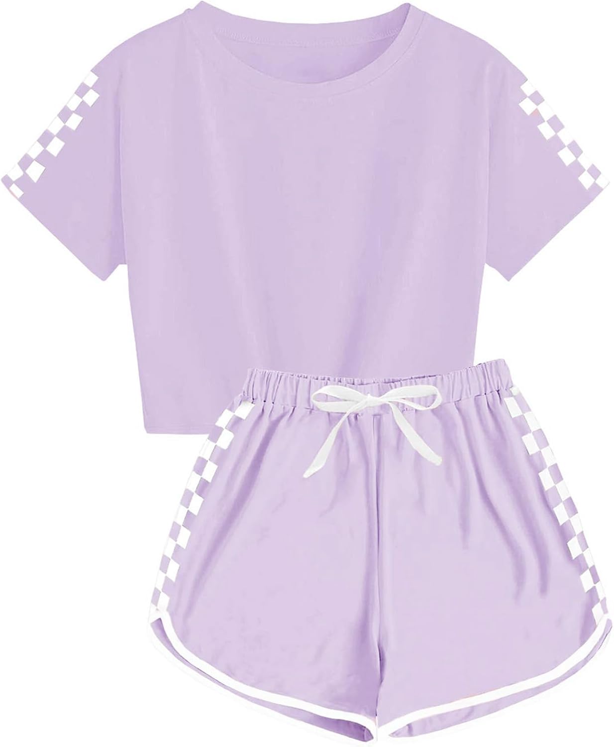 51VBYliJPuL._AC_SL1500_.jpg BOVOSHA Girls Summer Clothes Kids Outfit Short Sleeve Crop Top + Plaid Shorts Set Kids Sports Tracksuit - Image 1