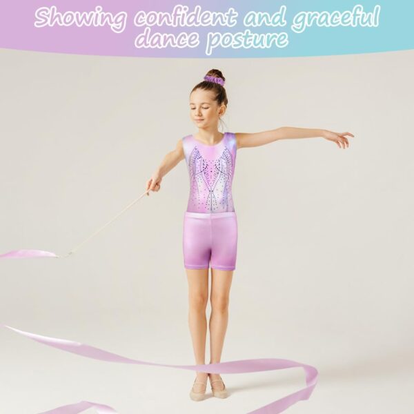 Gymnastics Leotards for Girls, Long Sleeve Kids Gymnastics Athletic Outfit with Shorts and Headband, Gradient Color Sparkling Ballet Dancing Unitards Gymnastics Outfit for Kids 5-8 Years - Image 5