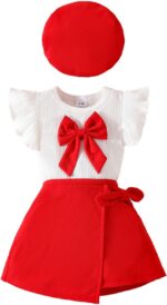 Baby Girl Clothing Set, Baby Girl Flying Sleeves Big Bowknot Decoration Carters Set, Tiny Baby Clothes Red Stretchy Elasticated Skirt Baby Girls Hat Toddler Outfit Set, 6-36 Months