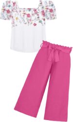 Arshiner Girls Clothing Sets Kids Fashion T-shirts with Trousers Set Puff Sleeves Top with Printed Trousers Set Summer Casual Outfits for Girls 5-14 Years