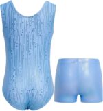 JiAmy Gymnastics Leotards for Girls 3 Piece Set with Shorts and Scrunchie, Patterned Sparkle Sleeveless Dance Gymnastics Outfits for 3-12 Years - Image 2