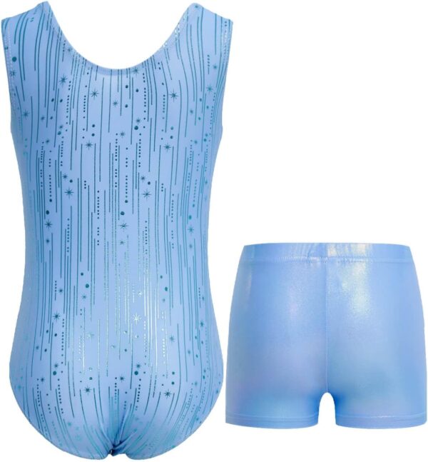 JiAmy Gymnastics Leotards for Girls 3 Piece Set with Shorts and Scrunchie, Patterned Sparkle Sleeveless Dance Gymnastics Outfits for 3-12 Years - Image 2