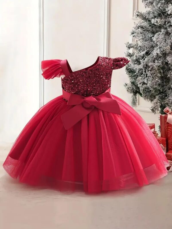 miço kids Baby Girls Sequin One-Shoulder Princess Dress | Burgundy Tulle Party Gown | Flower Girl, Birthday, Wedding & Dress - Image 2