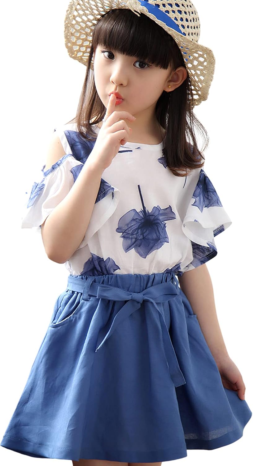 61-1RTrcGsS._AC_SL1500_.jpg Girls Summer Flower Clothes Set Ruffle Sleeve T-Shirts and Mini Skirt 2Pcs Outfits for Age 3-12 Years - Image 1