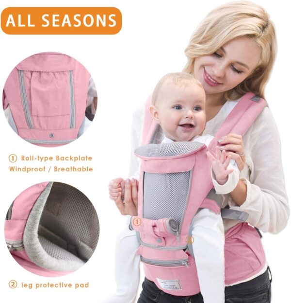 SONARIN 3 in 1 Multifunction Hipseat Baby Carrier,Front and Back,100% Cotton,Ergonomic,Easy Mom,Adapted to Your Child's Growing(Pink) - Image 2