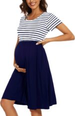 WOOXIO Women's Fashion Short Sleeve Maternity Dress with Pockets Patchwork Pregnancy Clothes