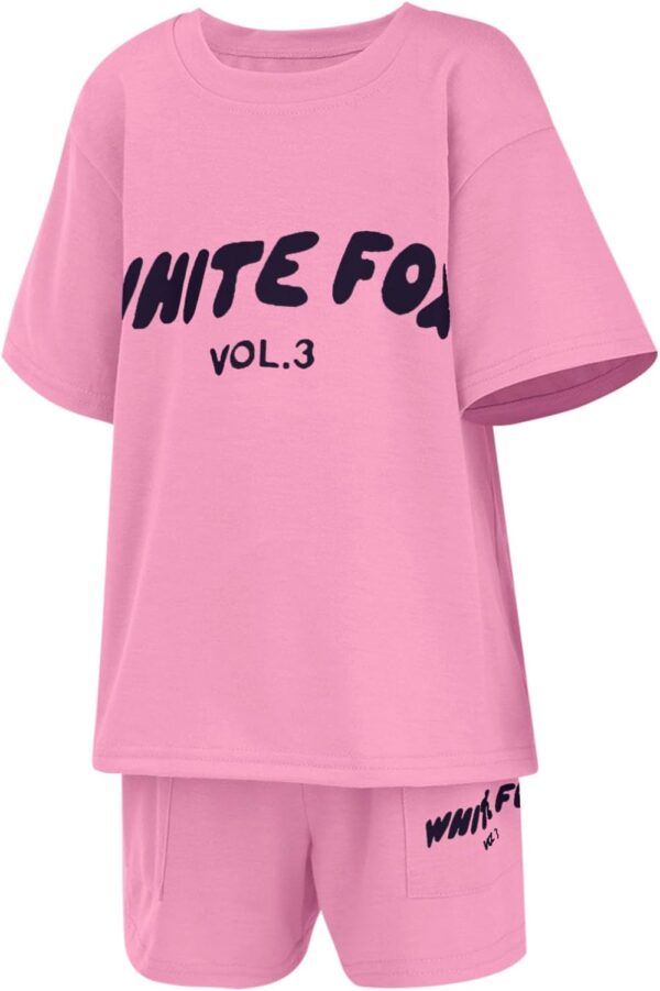 Girls Tracksuit Set Kids Trendy T-shirt + Shorts 2 Piece Outfit Summer Fashion Short Sleeve Fox Letter Print Tops with Loose Jogger Shorts Y2k Activewear Casual Sweatshirt Gym Set UK - Image 4