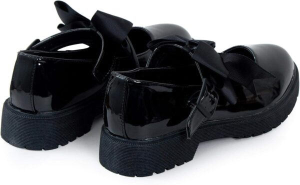 shelikes Girls Back to School Shoes Mary Jane Flat Shoes with Detachable Bow & Black Patent Shiny Ankle Strap - Image 7
