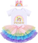 IBTOM CASTLE Cake Smash Outfit 1st Birthday Girl Rainbow Romper + Tutu Skirt Headband 3pcs Set Year Old Two One Crown Dress Photo Shoot Clothes 2 - Image 2