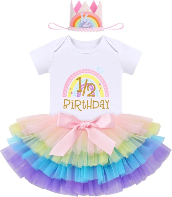 IBTOM CASTLE Cake Smash Outfit 1st Birthday Girl Rainbow Romper + Tutu Skirt Headband 3pcs Set Year Old Two One Crown Dress Photo Shoot Clothes 2 - Image 2
