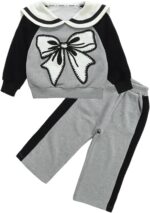 Valcatch Kids Girls Outfits Clothes Set Cute Bowknot Print Contrast color Long Sleeve Cotton Shirt Jumper Pullover Tops Sweatshirt Pants Spring Fall 2 Piece Clothing Set 3-9 Years