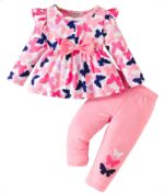 Newborn Baby Girl Clothes Set, Long Sleeve Outfits Ruffle Top and Trousers, T-shirt with Bowknot and Trousers with Butterfly, Baby Girl Outfit for 6-36 Months Baby Girl, Pink