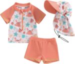 YILEEGOO Toddlers Baby Boys 3-Piece Swimsuit Trunk Rashguard Set and Sun Hat Short Sleeve Swimwear Bathing Suit Sunsuit Swim Shirt UPF 50+