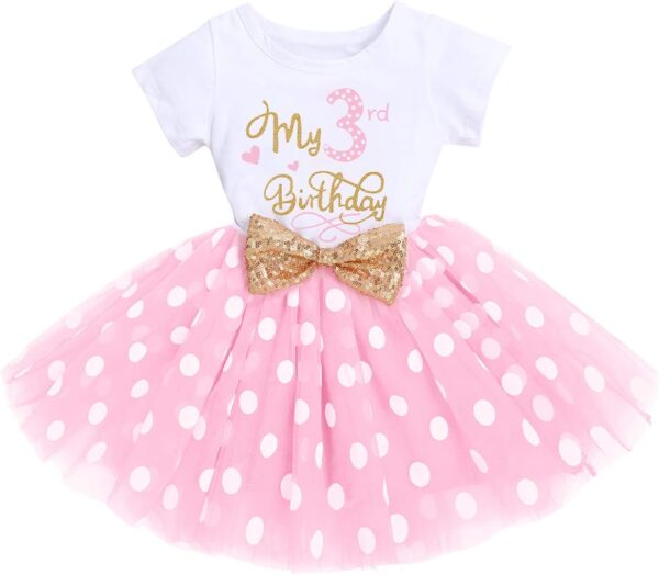 Baby Girl Toddler Kids 1st / 3rd Birthday Party Dress Cotton Short Sleeve Princess Tulle Dresses with Sequin Bowknot Headband 2pcs Cake Smash Outfit - Image 2