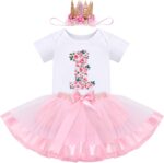 FYMNSI Baby Girl 1st Birthday Outfit Flower Printed Cotton Short Sleeve Romper Tutu Tulle Skirt Crown Headband 3pcs Set